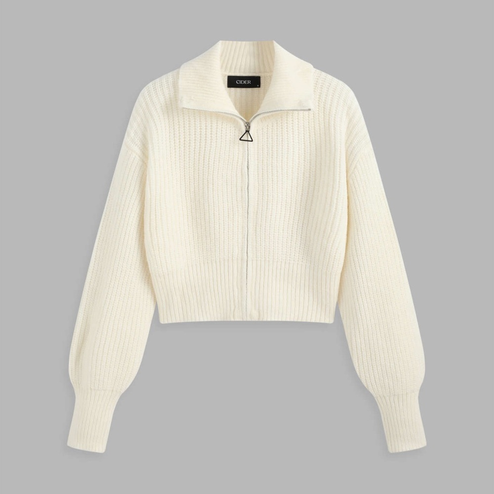 Cider Woman’s Small White Ribbed Cropped Knit Zip Up Collard Sweater